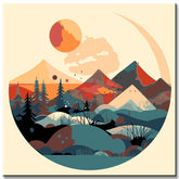 Painting by numbers - Minimalist landscape poster: mountains, sun, day and night, boho midcentury